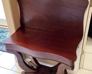 #6 - $340 - Empire American game table mahogany open & swivel - needs refinishing on the top.