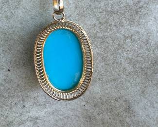 #J3 - $700 - 18kt mounted bezel Persian turquoise pendant. 3.1gr. #J11 Chain priced separately.