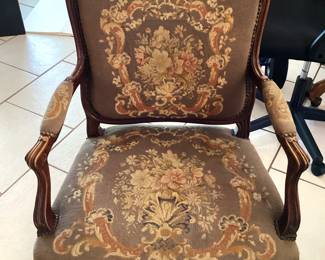 #34 - $300 - French antique armchair oak with tapestry upholstery.