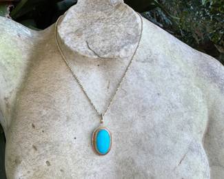 #J3 - $700 - 18kt mounted bezel Persian turquoise pendant. 3.1gr. #J11 Chain priced separately.