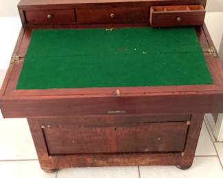 #83 - $400 - Empire mahogany Captain /Campaign desk - missing 3 knobs on drawer, 31x17x34H - damages on veneer.