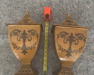#112 - $64 for pair -  Pair of metal tan/gold decorative urns with lids, 12"T & Candlesticks.