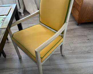#E1 - $450 - Set of 6 - 2 armchairs & 4 chairs - pine painted white with yellow cushion / green thread.
