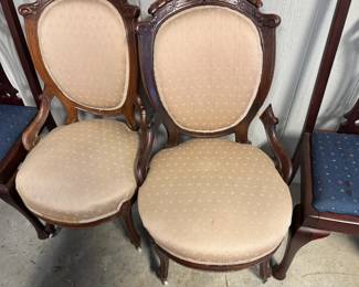 #103 - $150 - Set of 2 Victorian balloon back chairs on casters.