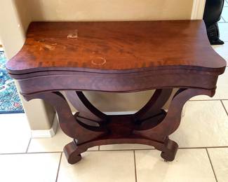 #6 - $340 - Empire American game table mahogany open & swivel - needs refinishing on the top.