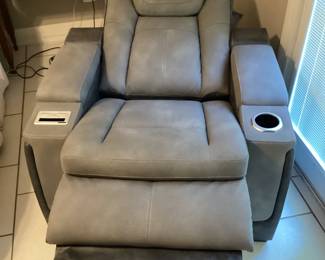 #72 - $450 - Ashley design Signature electric recliner, gray microsuede, new looking condition.