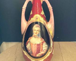 #21 - $100 - Austrian vase by Vienna manufacturer, 14"T, with lady's portrait - some fading on handles.