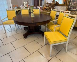 $600 - Set of 6 Bamboo Palm Beach style, super sturdy white chairs, yellow & green band upholstery. 2 armchairs + 4 chairs