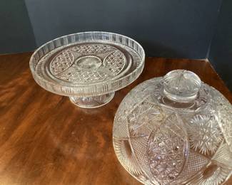 #58 - $110 - Cut crystal modern cake stand and dome, 11".