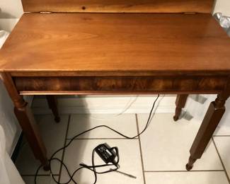 #70 - $250 - Early American 1870's walnut game table, 34x17x30" when closed, swivel to open - burl wood faux drawer.