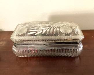 #76 - $150 - Cut crystal & etched hinged glove box, 13x7x5H, some damages.