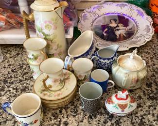 Grouping (in Kitchen): chocolate set (multi chips) - Misc smalls - incl. small Quimper France cup, Lenox egg shaped trinket box & Christmas. priced separately