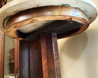 #25 - $280 - American Empire mahogany pedestal side table, round light tan marble top.