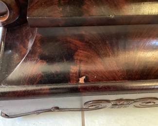 #7 - $500 - Antique Empire mahogany hall console or petticoat table with mirror back & marble top.