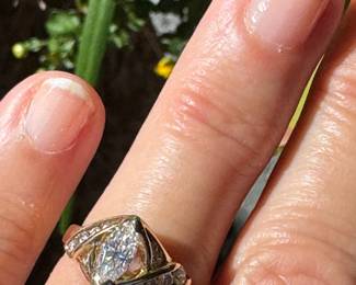 J14 - $490 - size 4 3/4 - great pinkie ring! approx 1/2 ct of marquise diamond on 14kt yellow gold setting. 3.5 gr