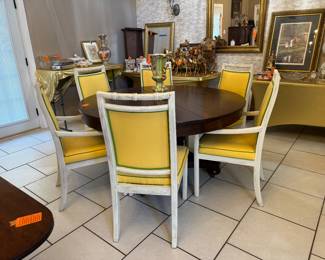 $600 - Set of 6 Bamboo Palm Beach style, super sturdy white chairs, yellow & green band upholstery. 2 armchairs + 4 chairs