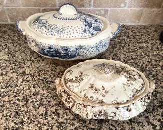 #63 - $100 - 2 Ironstone English serving tureens, brown/blue.