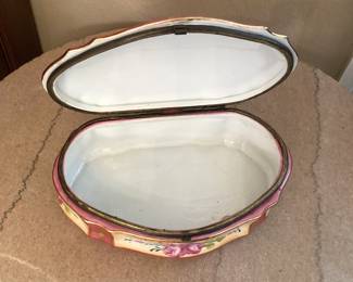 #18 - $150 - Limoges dresser hinged porcelain box, hand painted pink floral.