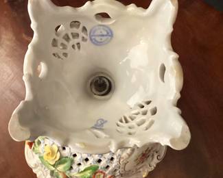 #10 - $150 - Dresden floral centerpiece compote, has makers mark for Carl Thieme, 12x9 1/2".