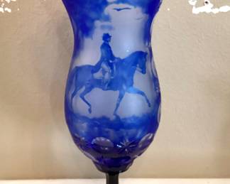 #12 = $80 - Reproduction Bohemian blue glass vase with hunter on horse.