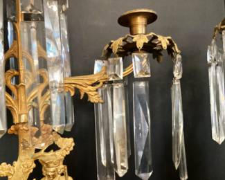 #15 - $200 - American brass & marble girandoles set (3 pieces), 3 prisms missing.