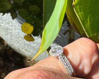 J8 - $1,350 - Sz 6 1/2 approx 1/2 round ctw & 1 ctw small diamonds in wedding set - 14kt white gold - 4.3 gr - 5.1 mm.