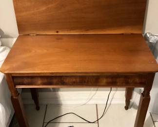 #70 - $250 - Early American 1870's walnut game table, 34x17x30" when closed, swivel to open - burl wood faux drawer.