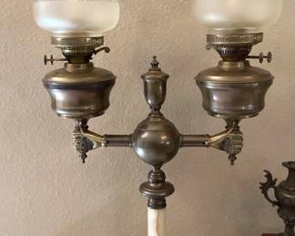 #8 - $180 - American bronze double student gas lamp with hands holding the top - onyx center - etched glass clear shades - electrified.