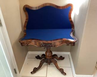 #1 - $500 - 19th century Rococo Revival burl walnut console game table, serpentine apron with carved flowers.