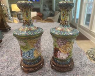 #117 - $150 - Pair of cloisonne floral scene vases, 12".