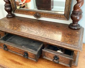 #78 - $475 - Very unusual Continental Oak large shaving stand mirror with turned columns & 3 drawers, 33x12x41".