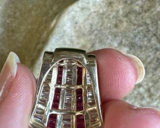 #J50 - $900 - Ruby & diamonds baguettes on 14kt yellow gold slide / pendant - perfect for omega chain, 9.1 gr.