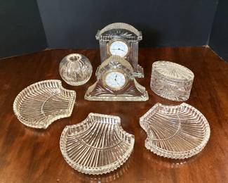 2 Waterford crystal clocks, 3 shells, 1 vase, 1 oval covered bowl, all priced individually