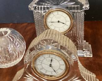 2 Waterford crystal clocks, 3 shells, 1 vase, 1 oval covered bowl, all priced individually