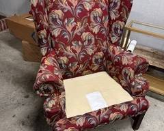 #106 - $140 - Pembroke wingback red chair, NC. (There is a cushion)