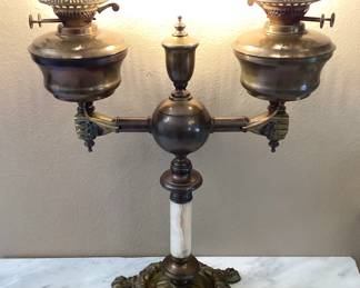 #8 - $180 - American bronze double student gas lamp with hands holding the top - onyx center - etched glass clear shades - electrified.