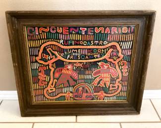 #37 - $150 - Panama Mola vintage artwork, 26x22", with inscribed: "The 50th anniversary of Ruffino Castro- smoking is cool, refreshing".