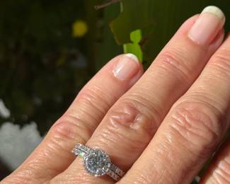 J8 - $1,350 - Sz 6 1/2 approx 1/2 round ctw & 1 ctw small diamonds in wedding set - 14kt white gold - 4.3 gr - 5.1 mm.