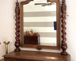 #78 - $475 - Very unusual Continental Oak large shaving stand mirror with turned columns & 3 drawers, 33x12x41".