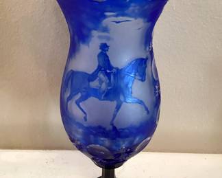 #12 = $80 - Reproduction Bohemian blue glass vase with hunter on horse.