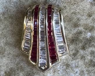 #J50 - $900 - Ruby & diamonds baguettes on 14kt yellow gold slide / pendant - perfect for omega chain, 9.1 gr.