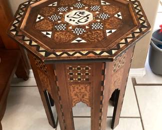 #44 - $400 - Islamic inlaid mother of pearl octagonal table (some losses), 18x18x24". $400