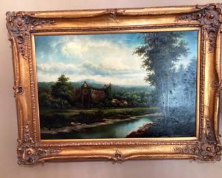 #31 - $150 - Reproduction oil landscape by river, 34x45".