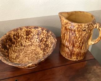 #82 - $50 for pair - Antique Rockingham Bennington bowl 10" & pitcher 8 1/2" spongeware pattern.