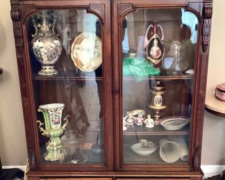 #17 - $450 - American 19th century burl walnut & walnut bookcase cabinet with original glass.