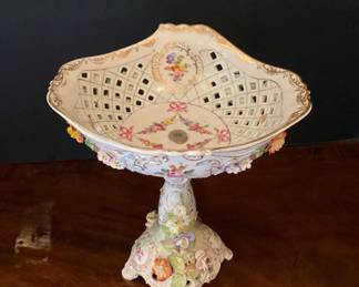 #10 - $150 - Dresden floral centerpiece compote, has makers mark for Carl Thieme, 12x9 1/2".