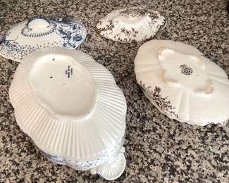 #63 - $100 - 2 Ironstone English serving tureens, brown/blue.