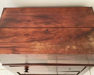 #83 - $400 - Empire mahogany Captain /Campaign desk - missing 3 knobs on drawer, 31x17x34H - damages on veneer.