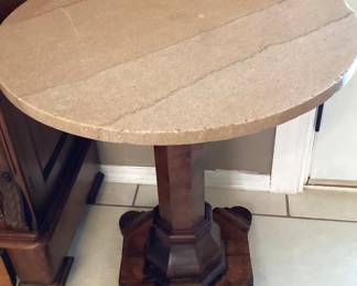 #25 - $280 - American Empire mahogany pedestal side table, round light tan marble top.
