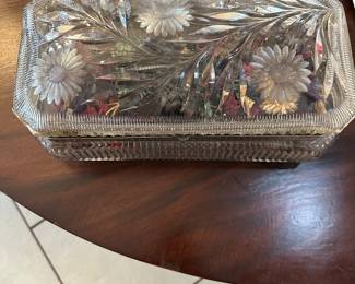 #76 - $150 - Cut crystal & etched hinged glove box, 13x7x5H, some damages.